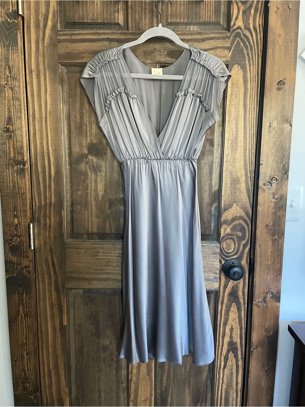 Satin Silver Gray V-Neck Pleated Midi Dress